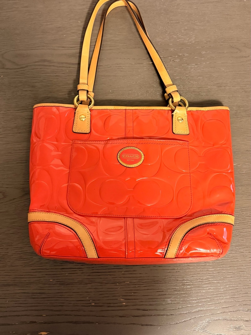 Coach Orange Patent Leather Shoulder Tote with Tan Trim and Gold Accents